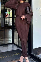 Long Sleeve Pleated Flares Dress with Tie-waist