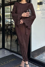 Long Sleeve Pleated Flares Dress with Tie-waist