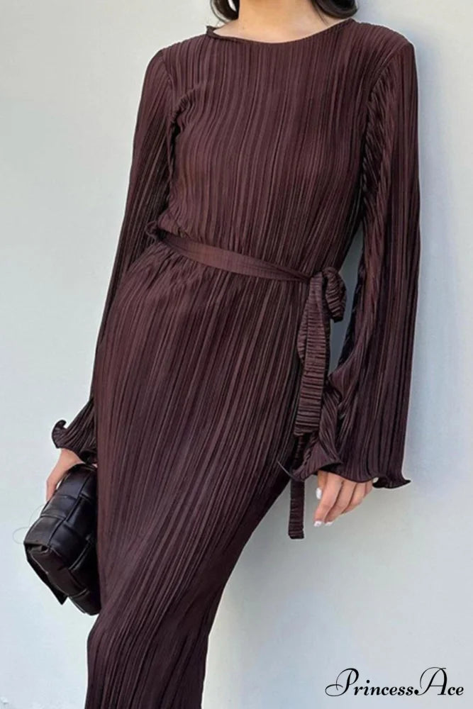 Long Sleeve Pleated Flares Dress with Tie-waist