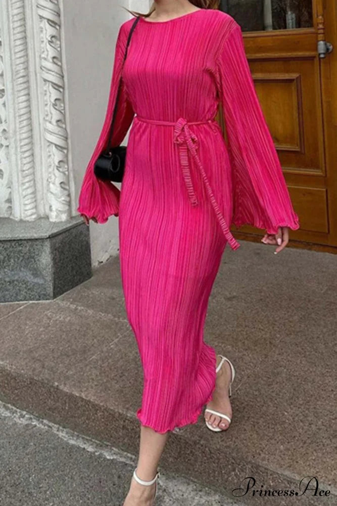 Long Sleeve Pleated Flares Dress with Tie-waist