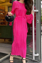 Long Sleeve Pleated Flares Dress with Tie-waist