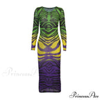 Long Sleeve Printed Mesh See Through Bodycon Dress