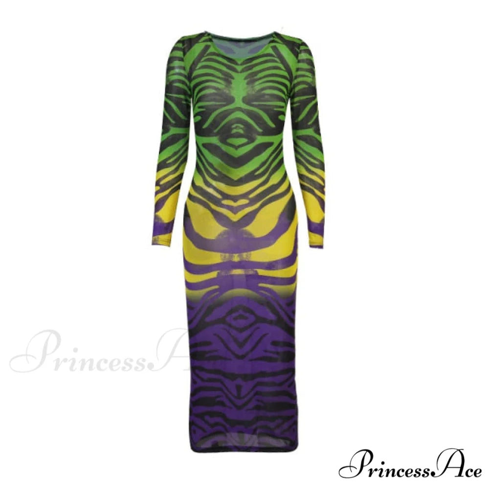 Long Sleeve Printed Mesh See Through Bodycon Dress