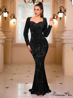 Long Sleeve Sequined Velvet Party Dress