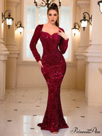 Long Sleeve Sequined Velvet Party Dress