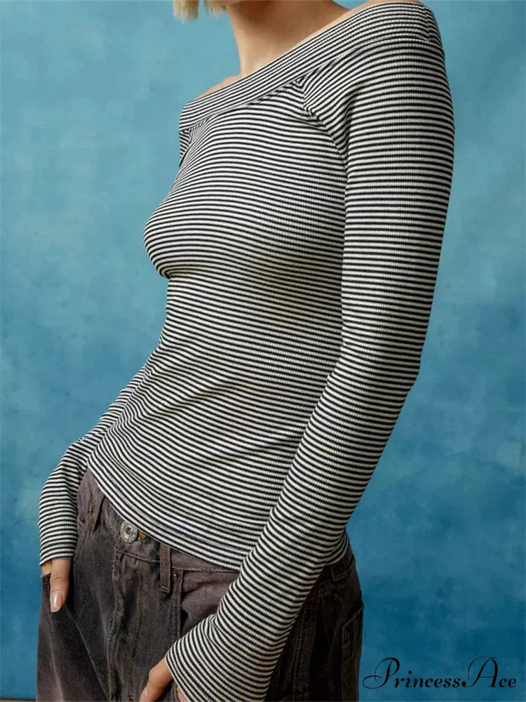 Long Sleeve Slim Colorful Striped Print Slash Neck T-Shirts