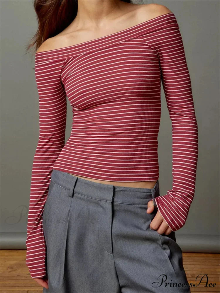 Long Sleeve Slim Colorful Striped Print Slash Neck T-Shirts