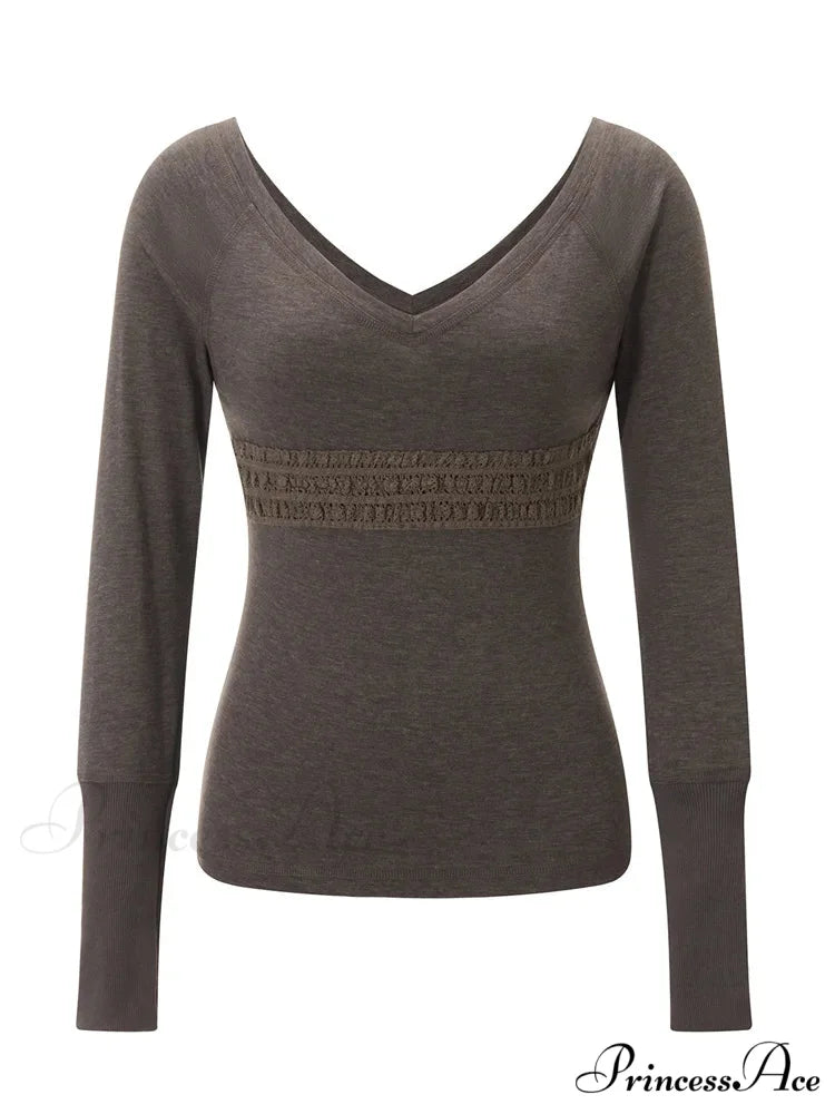 Long Sleeve Slim Fit V-neck Vintage V-neck T-shirts