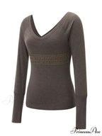 Long Sleeve Slim Fit V-neck Vintage V-neck T-shirts