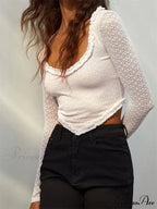 Long Sleeve Solid Color Casual Irregular Hem LaceT-shirts