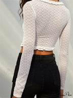 Long Sleeve Solid Color Casual Irregular Hem LaceT-shirts