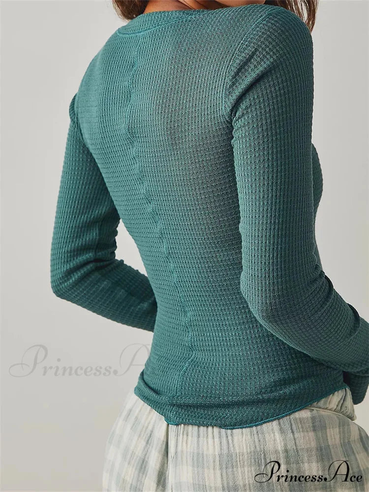 Long Sleeve Solid Color Deep V Neck Knitted Crop T-Shirts