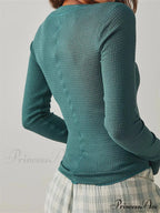 Long Sleeve Solid Color Deep V Neck Knitted Crop T-Shirts