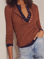 Long Sleeve Solid Color Deep V Neck Knitted Crop T-Shirts