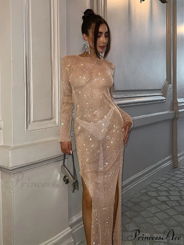 Long Sleeve Split O Neck Slim Party See Through Dress