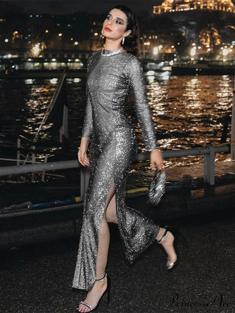 Long Sleeve Split O Neck Slim Party See Through Dress