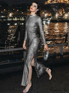 Long Sleeve Split O Neck Slim Party See Through Dress