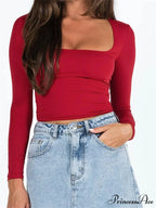 Long Sleeve Square Neck Colorful Slim Fit T-shirts