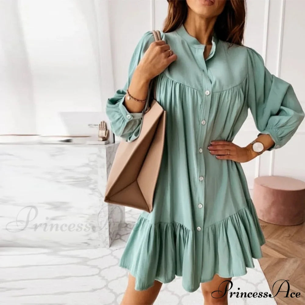 Long Sleeve Stand Collar Solid Elegant Dress