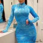 Long Sleeve Tie Dye Ruched Bodycon Sexy Midi Dress