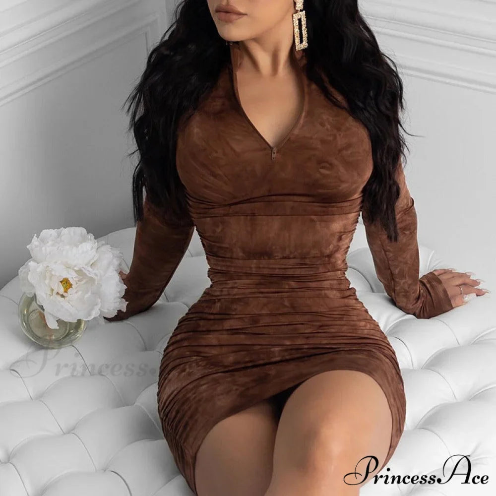 Long Sleeve Tie Dye Ruched Bodycon Sexy Midi Dress