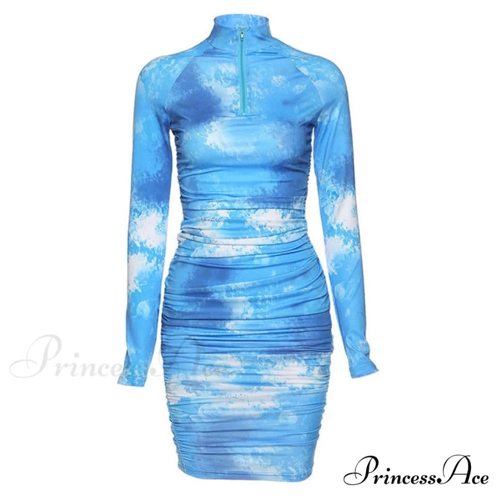 Long Sleeve Tie Dye Ruched Bodycon Sexy Midi Dress