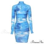 Long Sleeve Tie Dye Ruched Bodycon Sexy Midi Dress