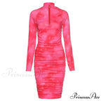 Long Sleeve Tie Dye Ruched Bodycon Sexy Midi Dress