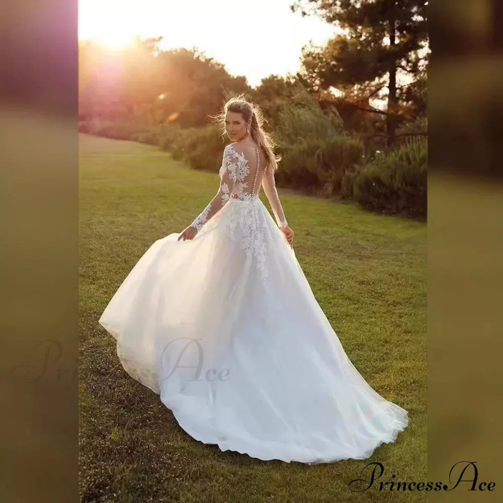 Long Sleeve Transparent Tulle Bridal Wedding Gown