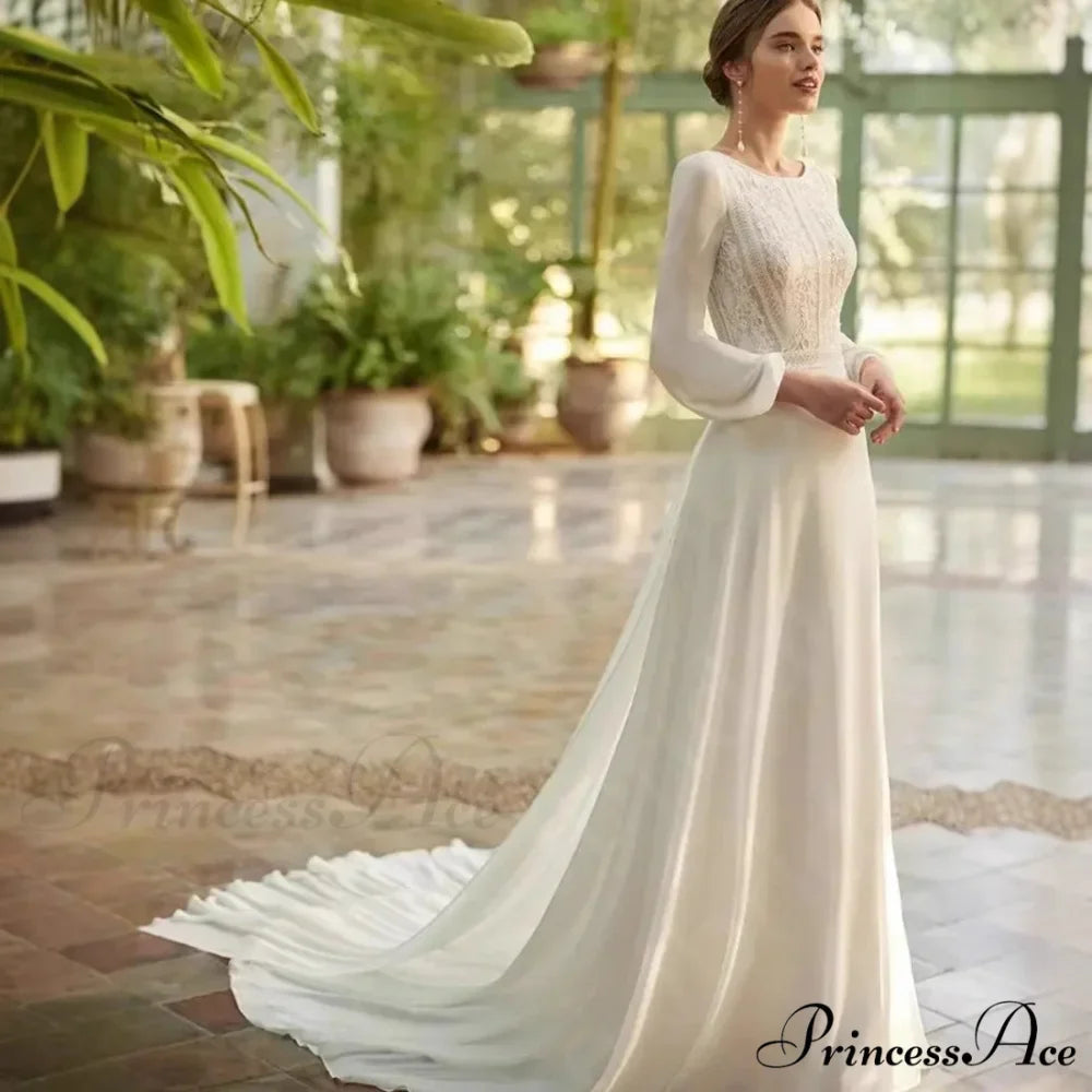 Long Sleeve Transparent Tulle Bridal Wedding Gown