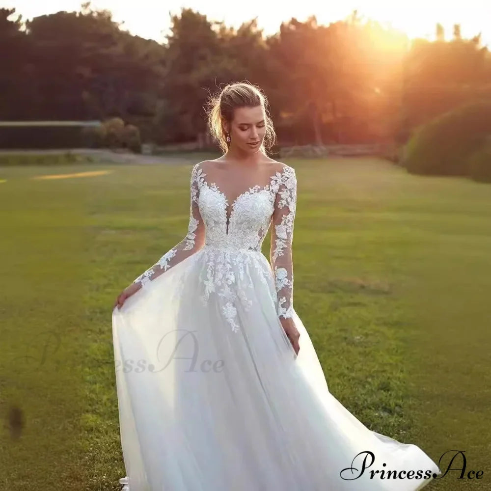 Long Sleeve Transparent Tulle Bridal Wedding Gown