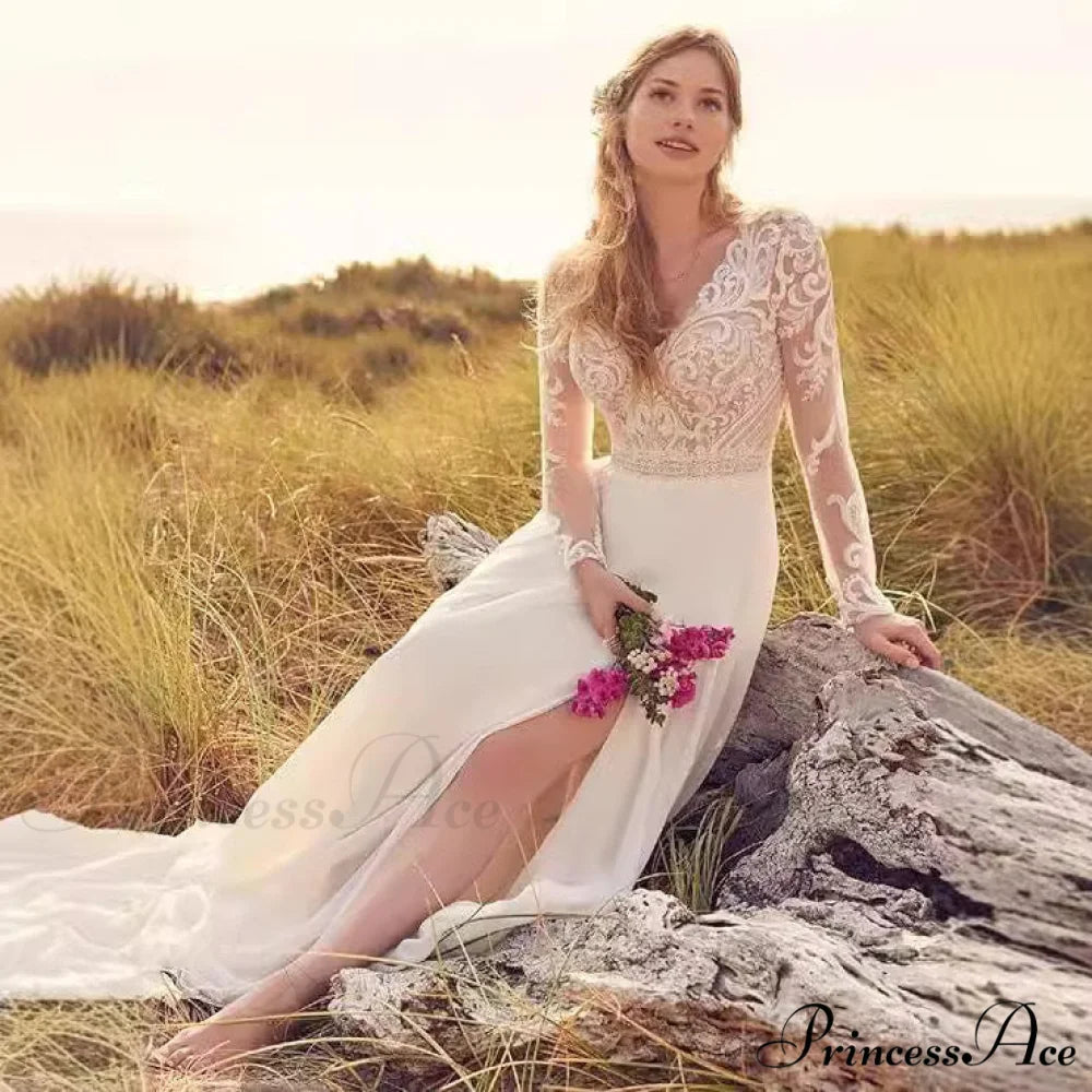 Long Sleeve Transparent Tulle Bridal Wedding Gown