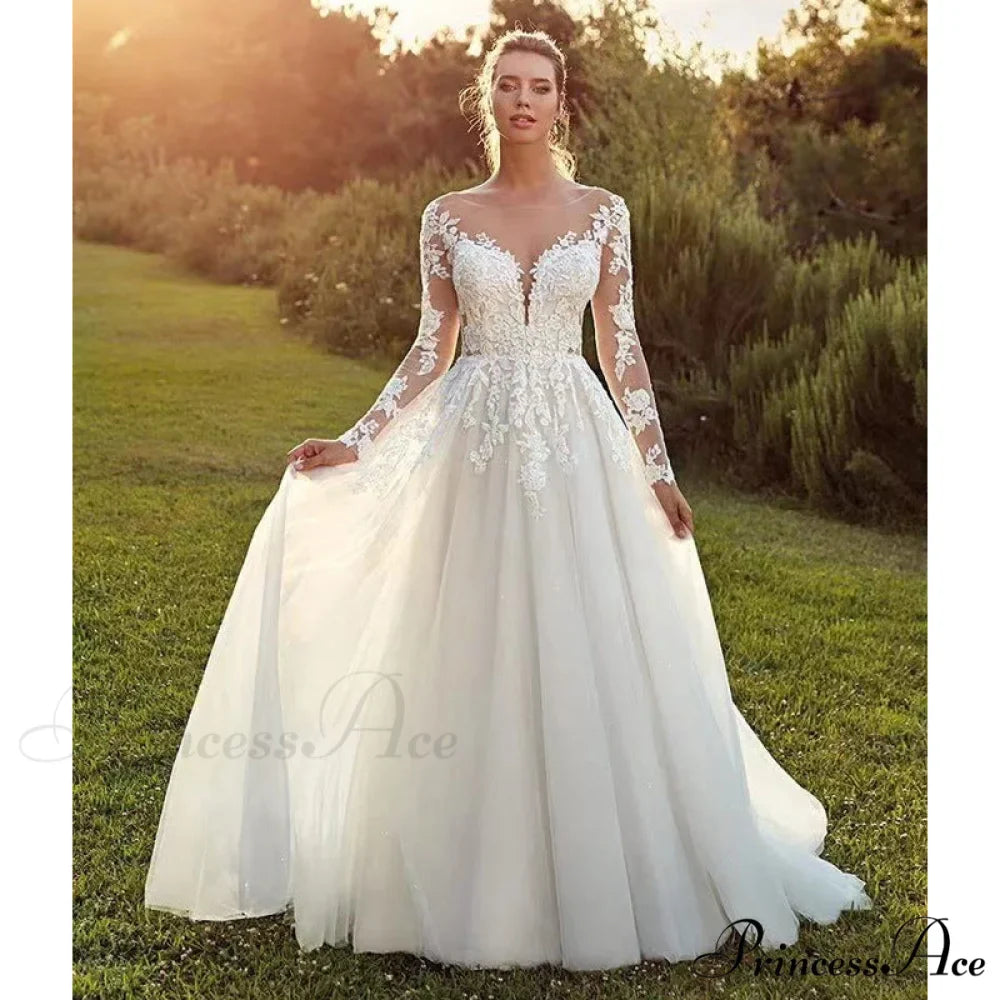 Long Sleeve Transparent Tulle Bridal Wedding Gown