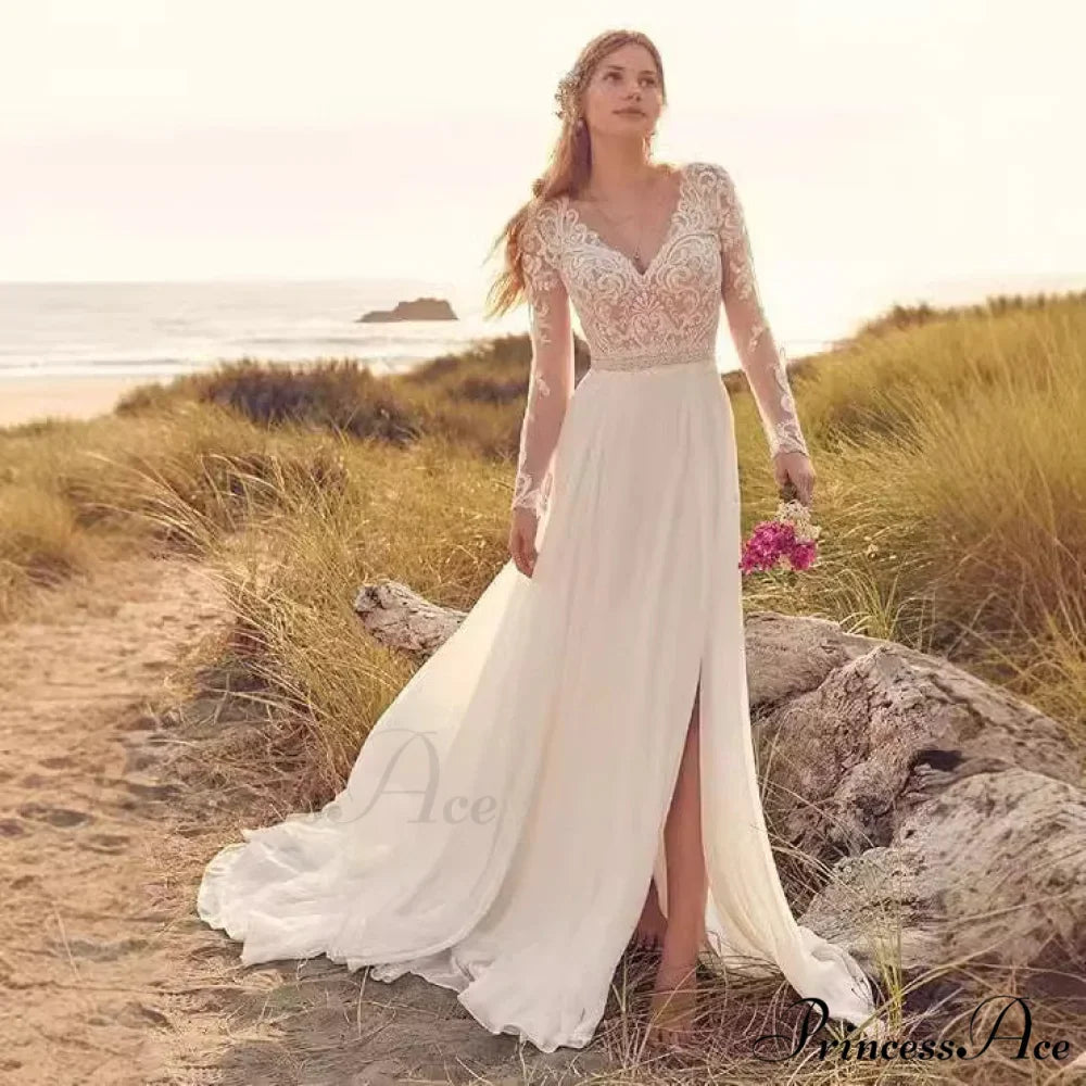 Long Sleeve Transparent Tulle Bridal Wedding Gown