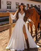 Long Sleeve V-Neck Lace Bridal Gown