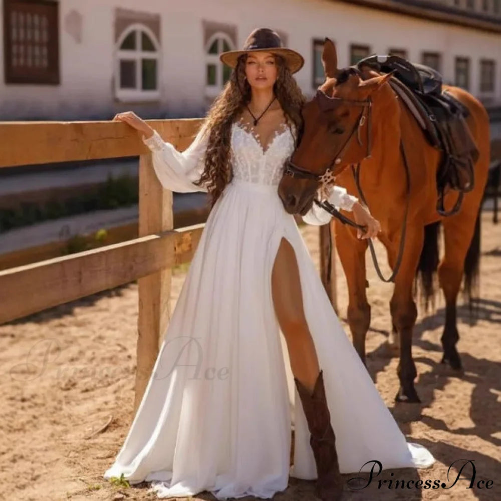 Long Sleeve V-Neck Lace Bridal Gown