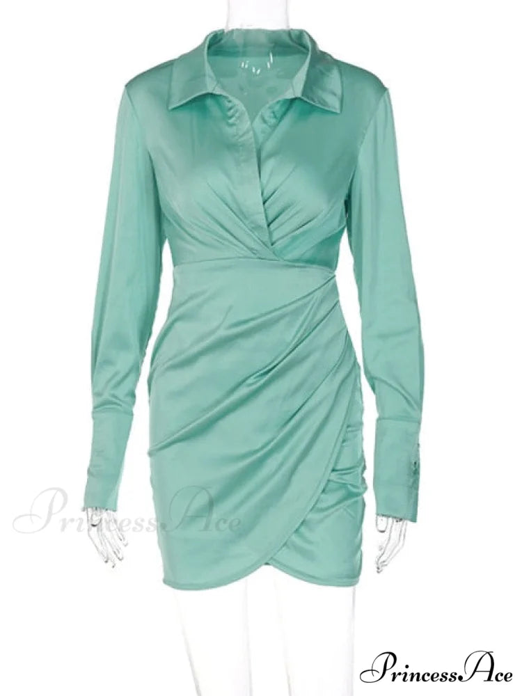 Long Sleeve V Neck Ruched Wrap Mini Dress