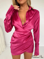 Long Sleeve V Neck Ruched Wrap Mini Dress