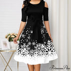 Long Sleeve V-neck Snowflake Print Dresses