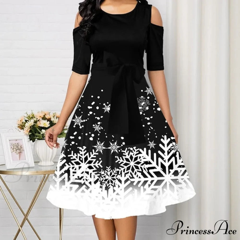 Long Sleeve V-neck Snowflake Print Dresses