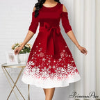 Long Sleeve V-neck Snowflake Print Dresses