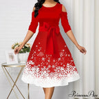 Long Sleeve V-neck Snowflake Print Dresses