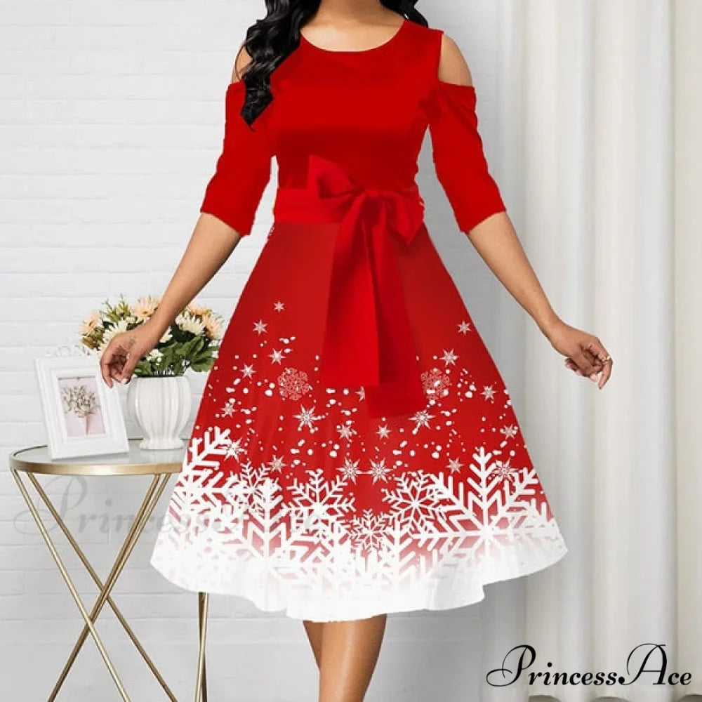 Long Sleeve V-neck Snowflake Print Dresses