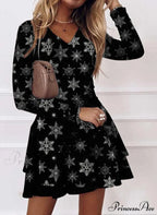 Long Sleeve V-neck Snowflake Print Dresses