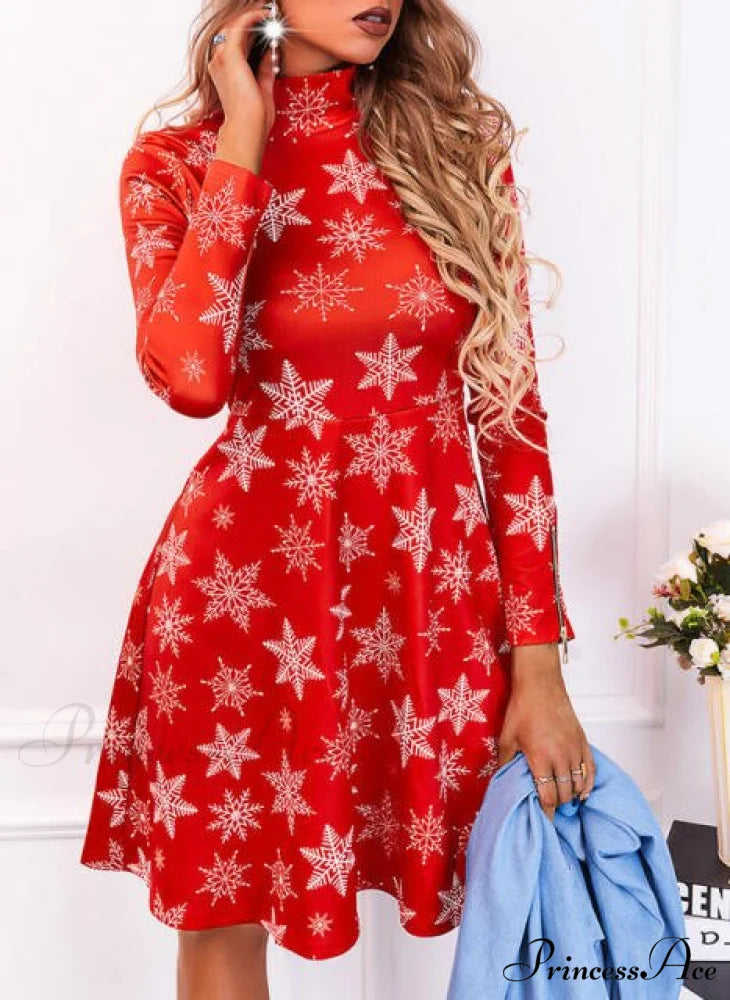 Long Sleeve V-neck Snowflake Print Dresses