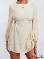 Long Sleeve Waist Hollow Out Tie up Mini Dress