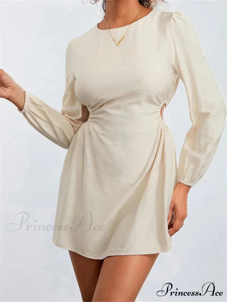 Long Sleeve Waist Hollow Out Tie up Mini Dress