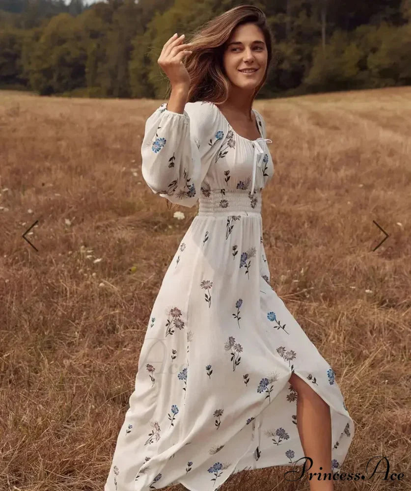 Long-sleeved Elastic Waist Split White Bohemian Dress