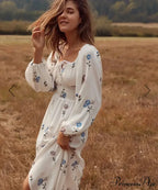 Long-sleeved Elastic Waist Split White Bohemian Dress