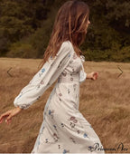 Long-sleeved Elastic Waist Split White Bohemian Dress